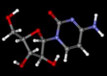 Shown is a ball-and-stick model of a cytarabine molecule.