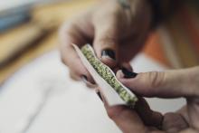 A woman's hands rolling a marijuana cigarette