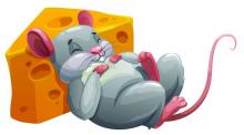 Cartoon illustration of a mouse resting on a block of cheese