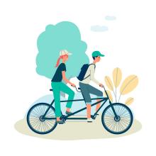 Illustration of two people riding a tandem bicycle