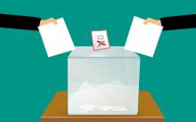 Illustration of hands dropping ballots in a box.