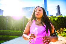 Woman walking outdoors in Chicago,